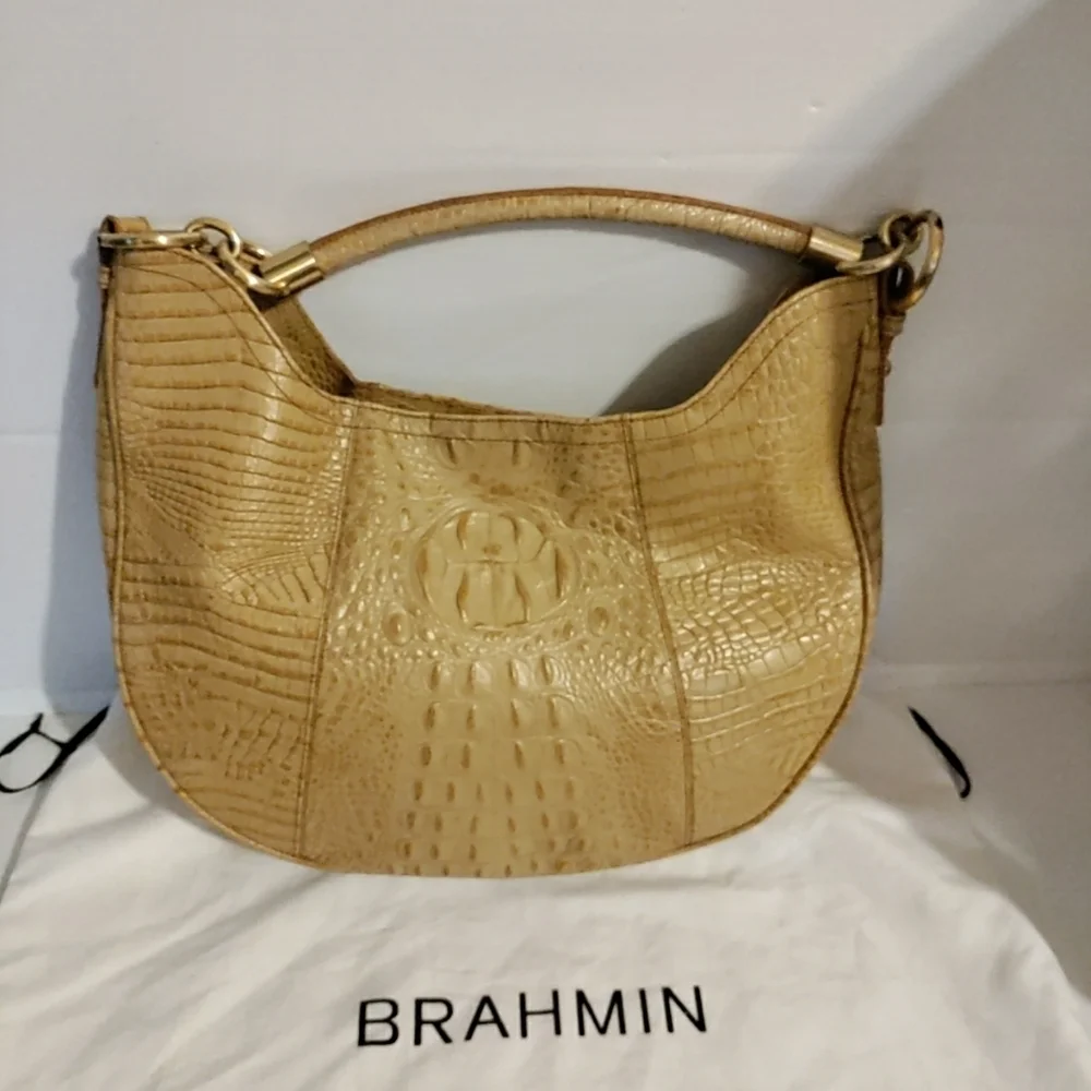 BRAHMIN Carmela Melbourne Hobo Shoulder Bag Croc-Embossed Leather Honey Caramel